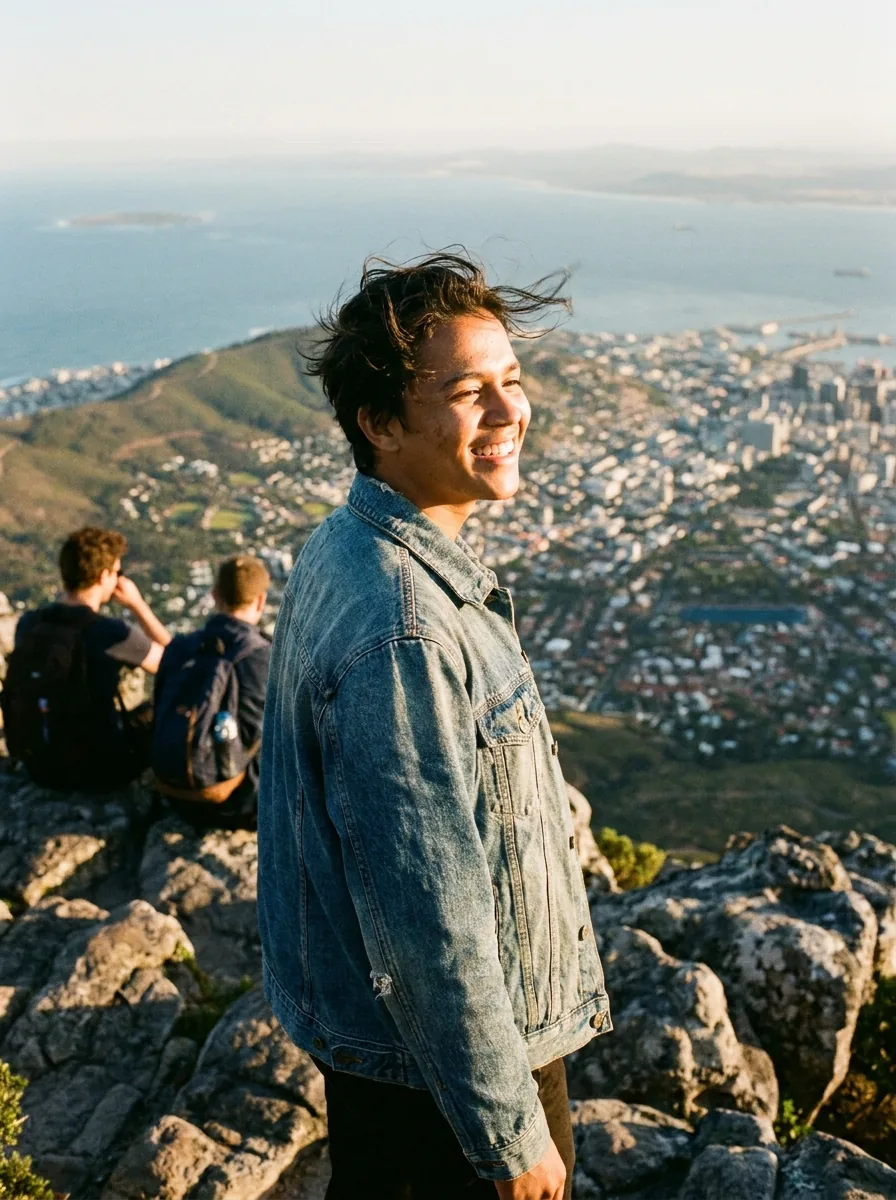 A scholar smiling at the summit of Table Mountain with Cape Town and the bay below