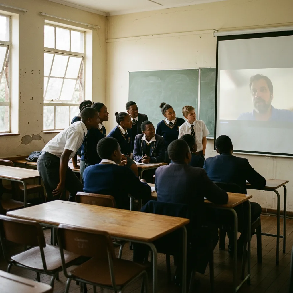Scholars in a classroom watching a live Pathways session with a guest speaker on the projector screen