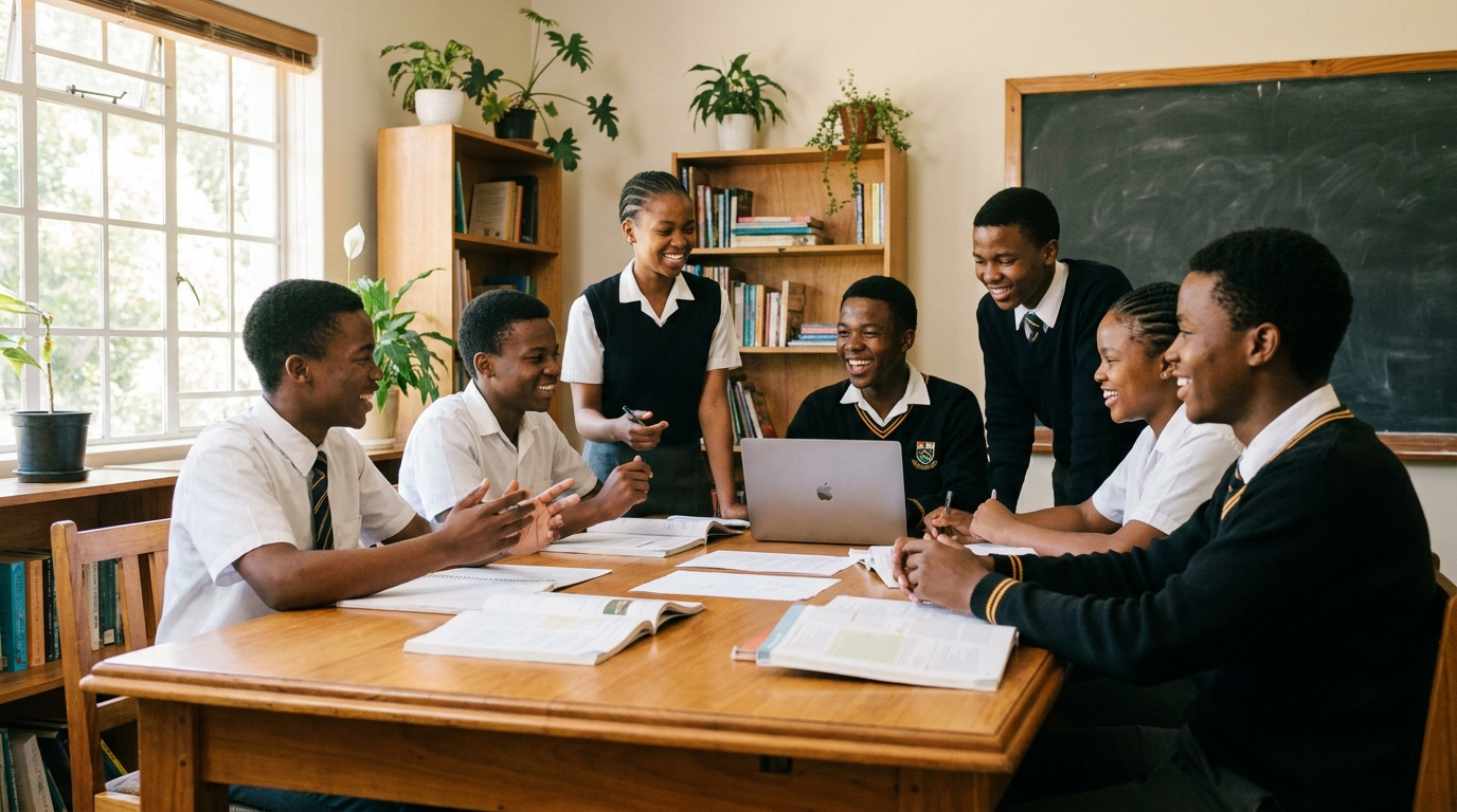 Seven uniformed scholars collaborating around a study table with a laptop and open textbooks