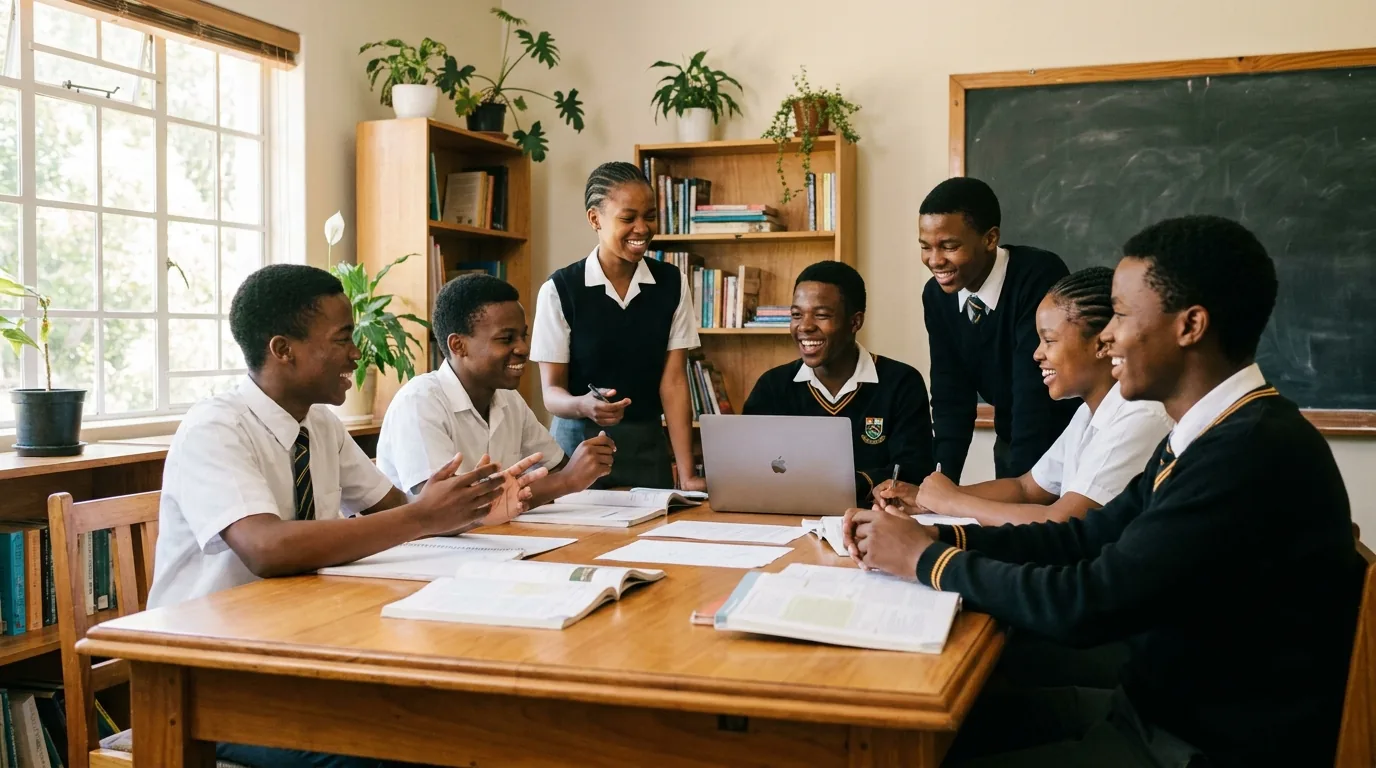 Seven uniformed scholars collaborating around a study table with a laptop and open textbooks