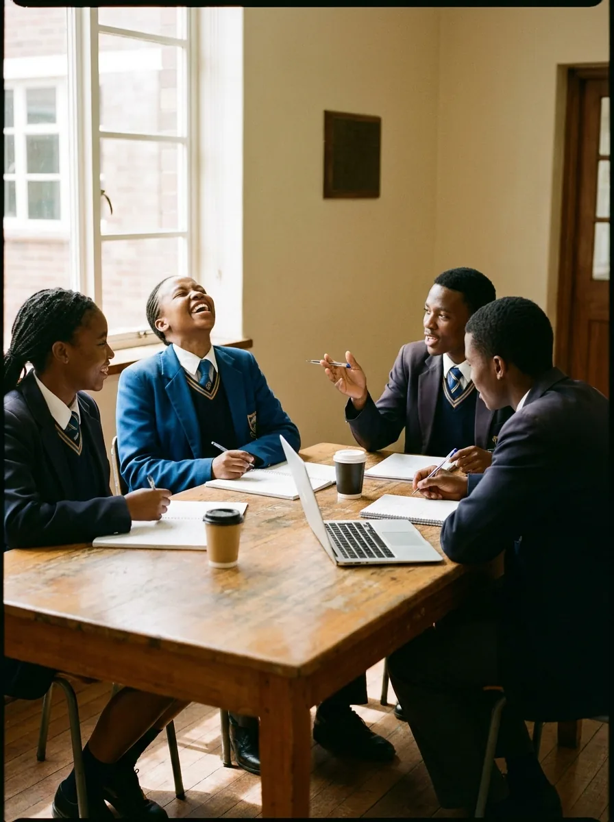 Four uniformed scholars laughing together around a table with a laptop