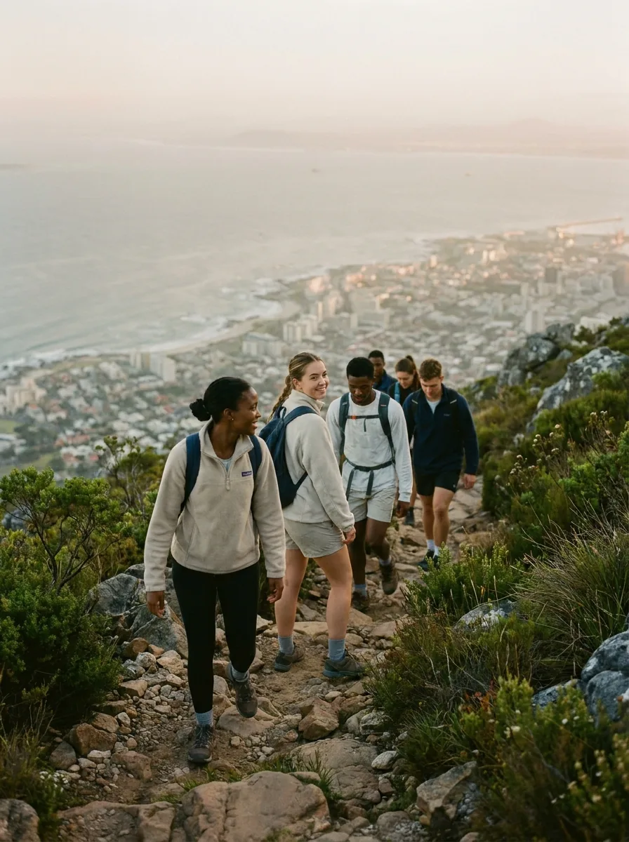 The cohort hiking together at golden hour, looking back over the city and sea