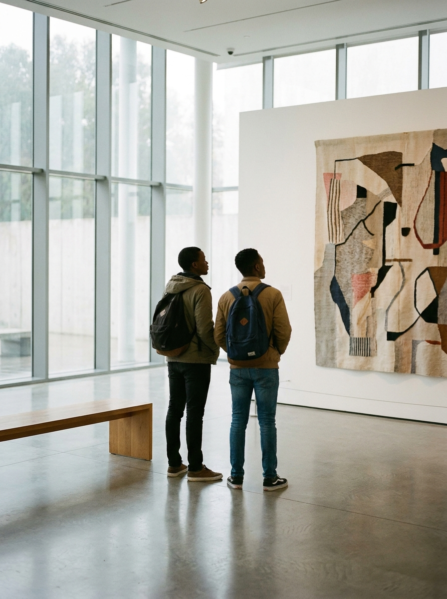 Scholars studying a tapestry at the Norval Foundation