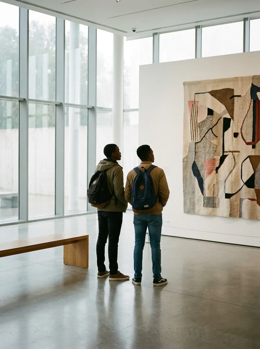 Scholars studying a tapestry at the Norval Foundation