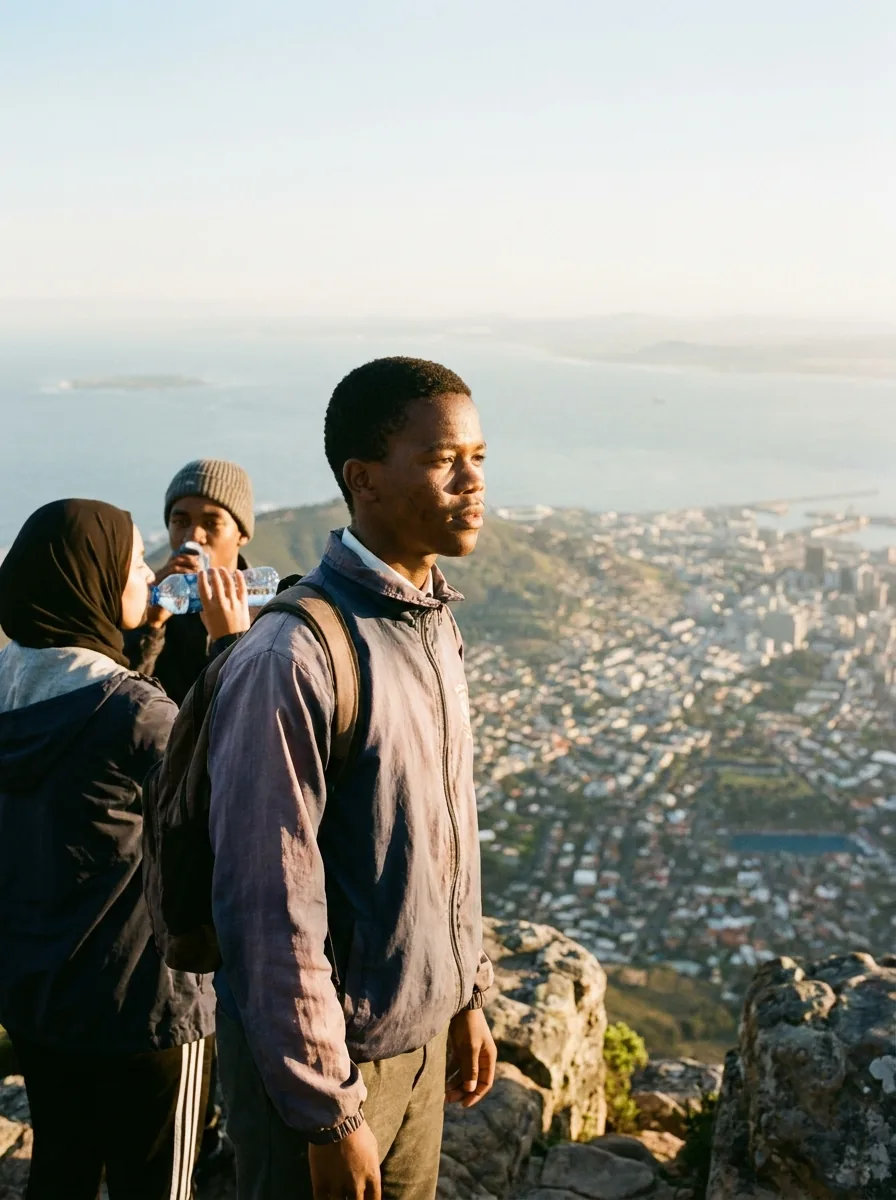 Scholars pausing for water at the summit, the city far below