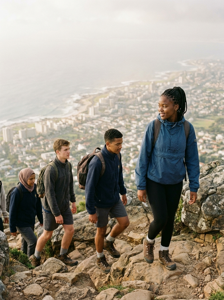 Scholars hiking down a Table Mountain trail with Cape Town below