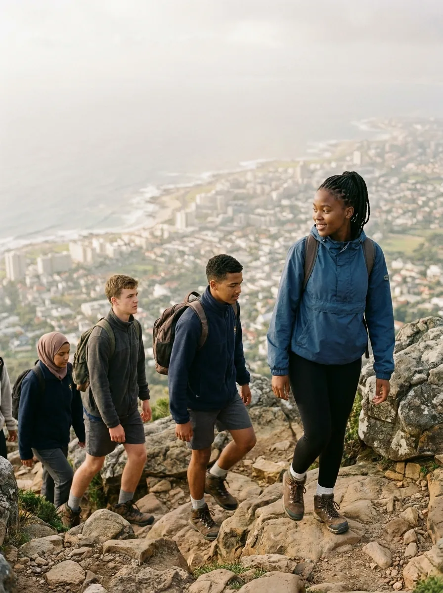 Scholars hiking down a Table Mountain trail with Cape Town below