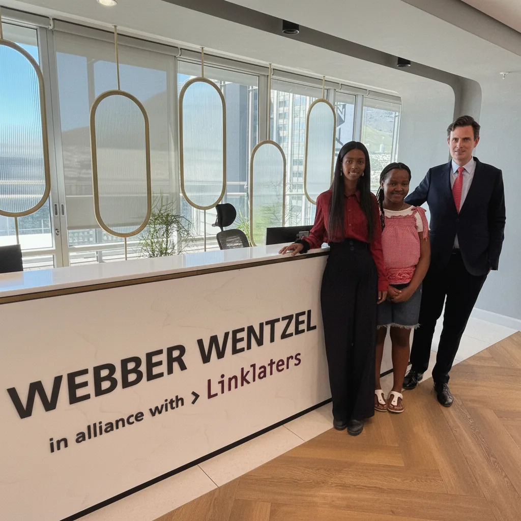 Two scholars with a Webber Wentzel partner at the firm's reception
