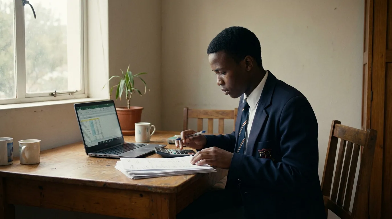 A scholar in school uniform working through accounts on a laptop with a calculator and printed statements
