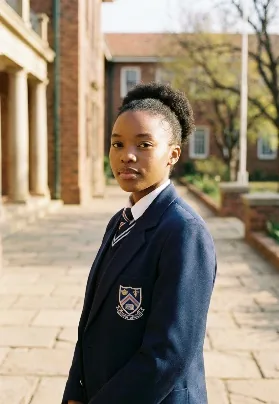 A scholar in school uniform in a school courtyard