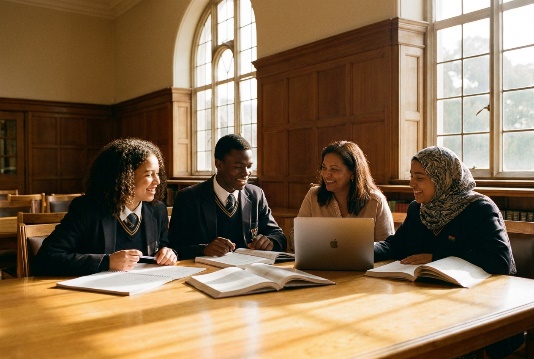 School scholars studying together around a table by a sunlit window