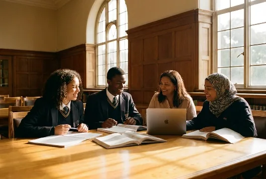 School scholars studying together around a table by a sunlit window